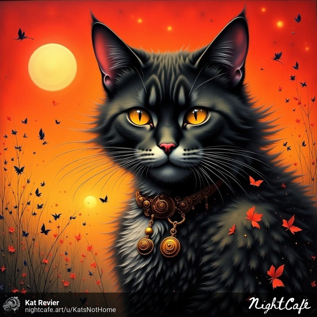 KatRevier's tweet image. sunsets #crimson call
eyes keen, cat wears clever smile
birds feather drifts down
#VSS365 #HaikuSaturday #haikus #Aiart️ #AIArtistCommunity