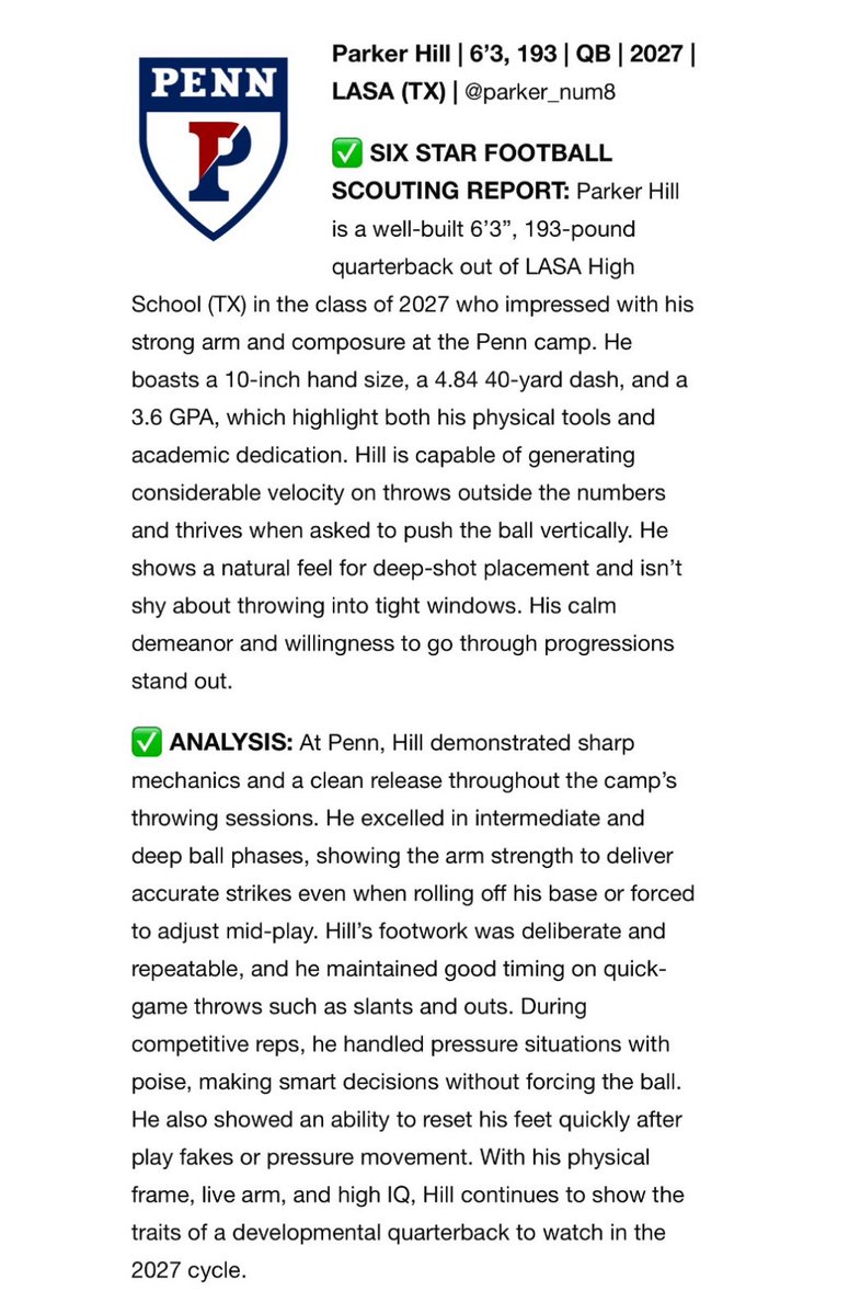 parker_num8's tweet image. Thank you @sixstarfootball for the write up! I look forward to proving myself further in the coming season.
@CoachMarkham_ @CoachBobBenson @Greg_Chimera @CoachDupont @David_Josephson @CoachMetzler @coach_ru @CoachCless @CoachForeman42 @CoachHughesUP @Coach_Howard06…