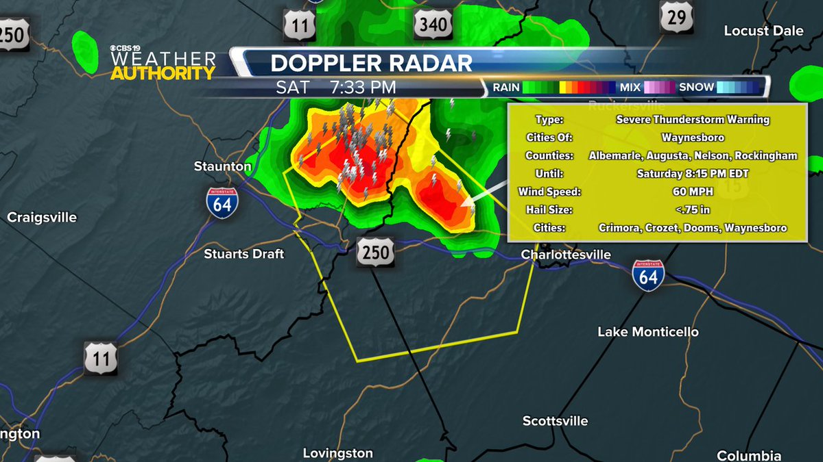 CBS19News's tweet image. A Severe Thunderstorm Warning is now in effect until Jul 26 8:15PM for the following counties: City of Waynesboro, Augusta, Albemarle, Nelson, Rockingham. Damaging winds and hail are possible with these storms.