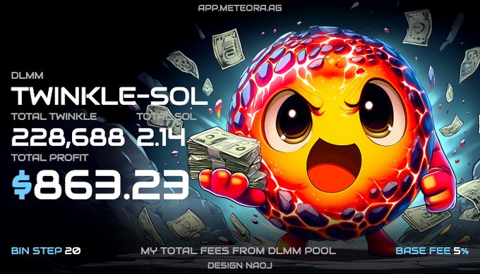 Twinkle-SOL DLMM Pool Earnings with a fiery character holding cash