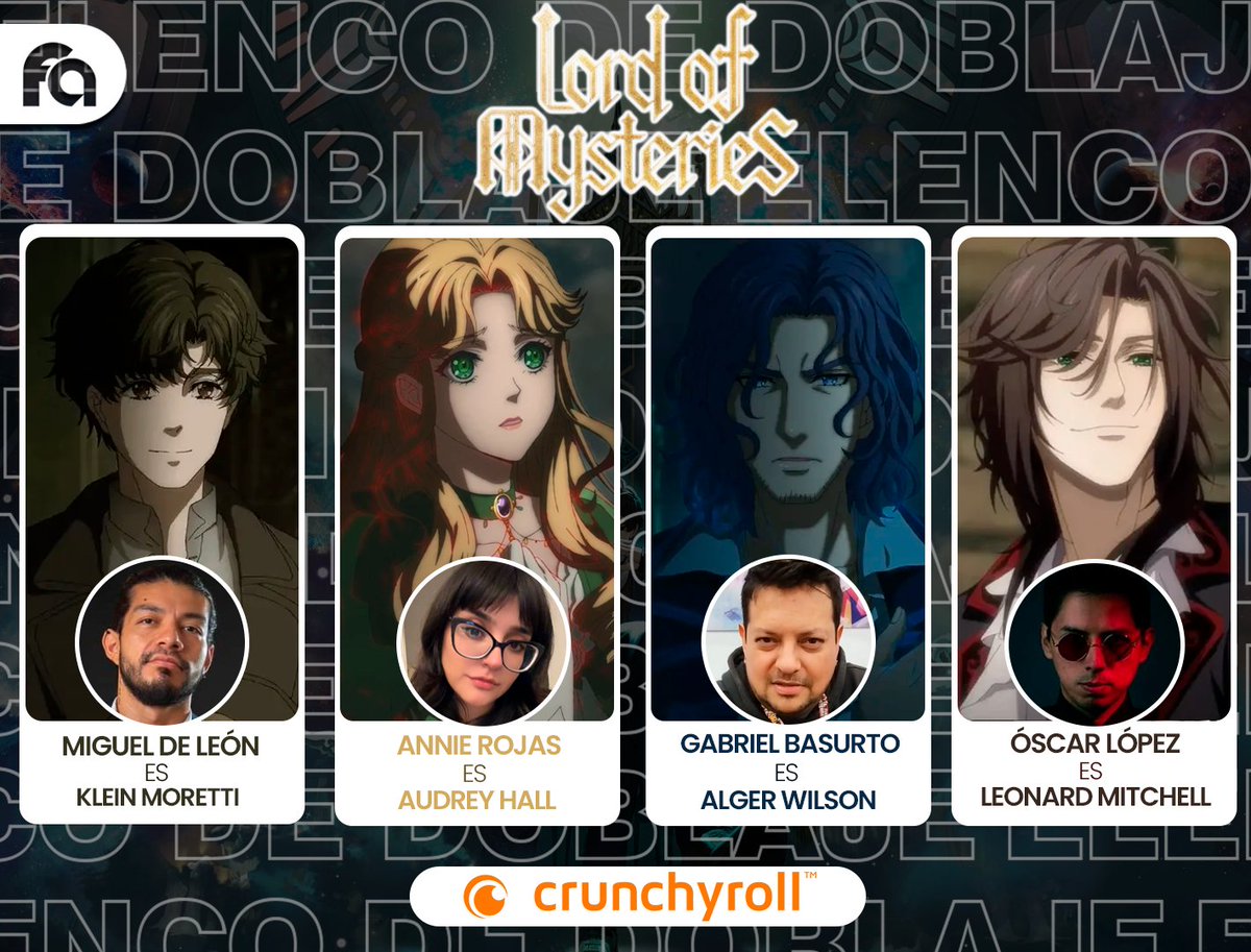 Funianime Latam (@funianime) on Twitter photo 🕯️ Lord of Mysteries nos transporta a un mundo oscuro de secretos, rituales y poderes ocultos...
🔮 La serie animada de origen chino llega doblada al español en Crunchyroll.
🧠 Miguel De León <a href="/elmikedeleon/">Miguel de León</a> es Klein Moretti
🌹 Annie Rojas <a href="/AnnieRojas_/">𝐴𝑛𝑛𝑖𝑒 𝑅𝑜𝑗𝑎𝑠 ❨ ⟣</a> es Audrey Hall
🌀 Gabriel 🕯️ Lord of Mysteries nos transporta a un mundo oscuro de secretos, rituales y poderes ocultos...
🔮 La serie animada de origen chino llega doblada al español en Crunchyroll.
🧠 Miguel De León <a href="/elmikedeleon/">Miguel de León</a> es Klein Moretti
🌹 Annie Rojas <a href="/AnnieRojas_/">𝐴𝑛𝑛𝑖𝑒 𝑅𝑜𝑗𝑎𝑠 ❨ ⟣</a> es Audrey Hall
🌀 Gabriel