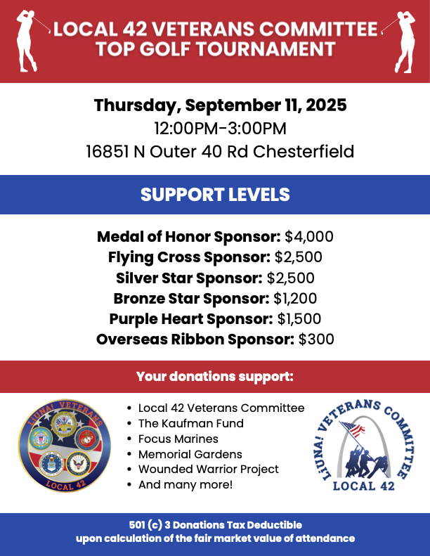 MOKANLaborers's tweet image. Join us Thursday, September 11th at Top Golf (16851 N Outer 40 Rd, Chesterfield, MO 63005) for a Golf Tournament to support the Local 42 Veterans Committee in their mission to provide social support to local Veterans.
Sign up here: liuna42stl.com/2025-local-42-…