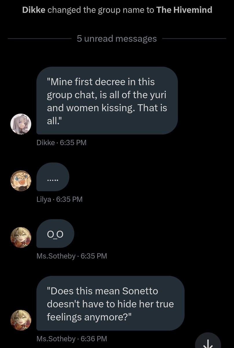 //The hivemind finally made a group chat (not sure why it took us so long). Makes it feel like Aleph and their alters a little bit. This is a promising start.