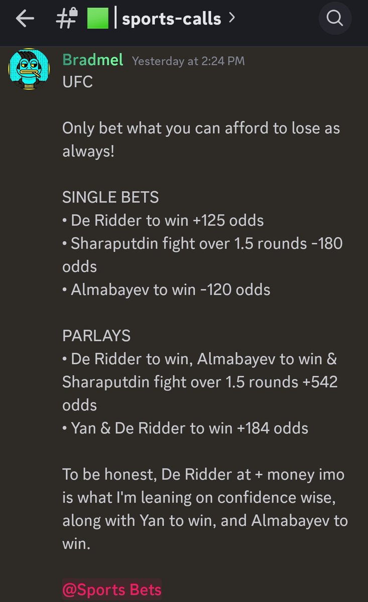 elysian_nexus_'s tweet image. Full breakdown of bets are always posted 1 day prior to the fights for members.
Research and due diligence are always done when getting ready for ufc cards. Bradmel has been following ufc hardcore for years.
We do not only do nfts/crypto, we also cook on ufc pretty consistently