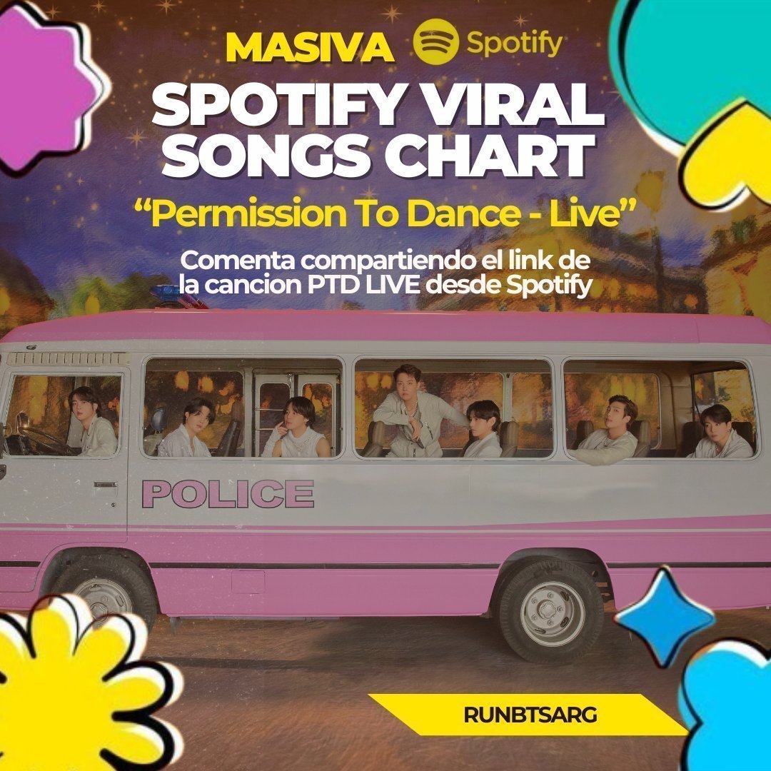 RunBTSArg's tweet image. 🧡MASIVA VIRAL CHART ARG 🇦🇷
ARGMY! Únete a la masiva y logremos que la canción "Permission To Dance - Live" de #BTS ingrese al chart viral de Spotify Argentina 💜
🎯META: Lograr la mayor cantidad de comentarios compartiendo el link de PTD Live desde Spotify
#BTS…