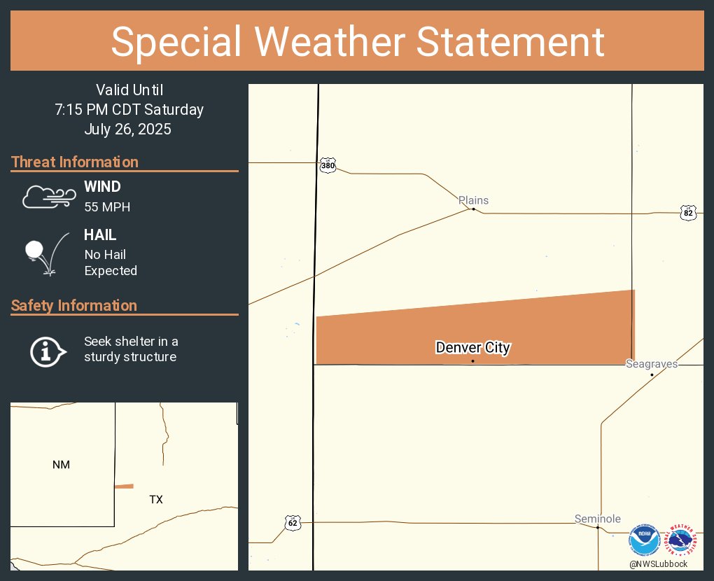 NWSLubbock's tweet image. A special weather statement has been issued for Denver City TX until 7:15 PM CDT