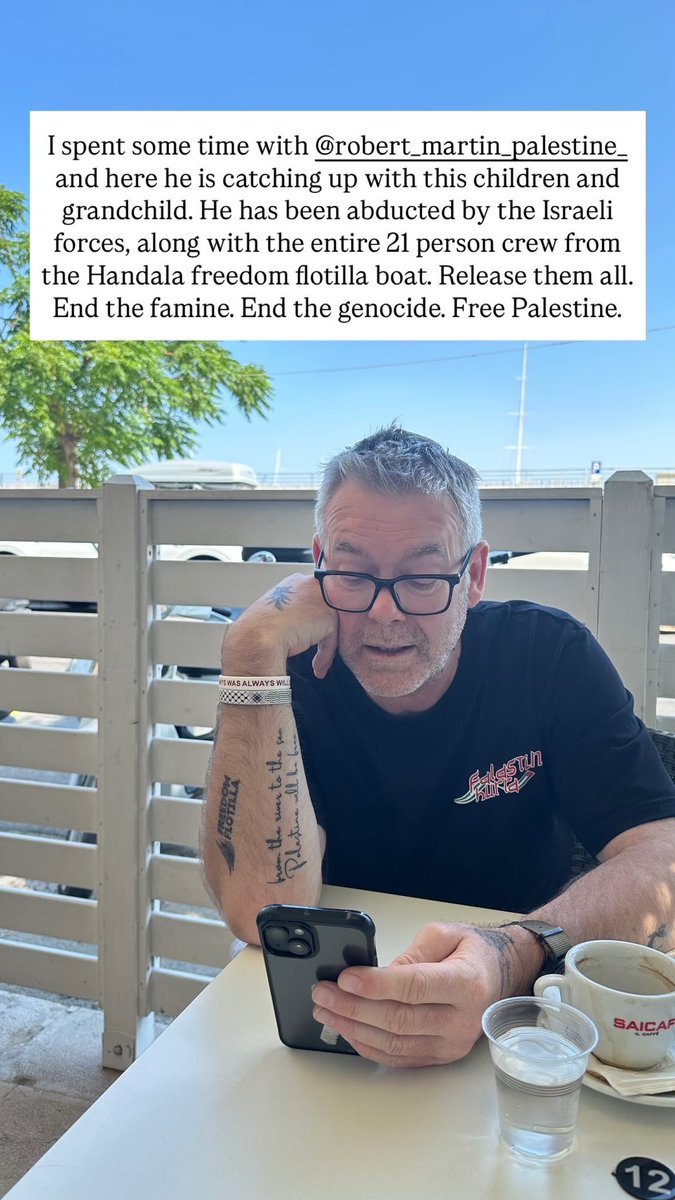 I spent some time with <a href="/Robert_Martin72/">Robert Martin 🇵🇸</a> and here he is catching up with this children and grandchild. He has been abducted by the Israeli forces, along with the entire 21 person crew from the Handala freedom flotilla boat. Release them all. End the famine. End the genocide. Free