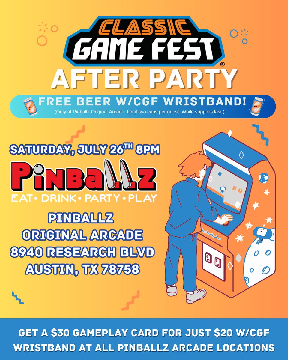 Classic Game Fest (@classicgamefest) on Twitter photo ๐ The CGF fun isnโt over yet!
๐ฎ Join us for the OFFICIAL AFTER PARTYat <a href="/pinballzaustin/">Pinballz Austin</a> (Original)
๐ 8PM Tonight | 8940 Research Blvd
๐๏ธ CGF wristband =
๐บ FREE beer (21+)
๐ธ +$10 on $20 game card! ๐ The CGF fun isnโt over yet!
๐ฎ Join us for the OFFICIAL AFTER PARTYat <a href="/pinballzaustin/">Pinballz Austin</a> (Original)
๐ 8PM Tonight | 8940 Research Blvd
๐๏ธ CGF wristband =
๐บ FREE beer (21+)
๐ธ +$10 on $20 game card!
