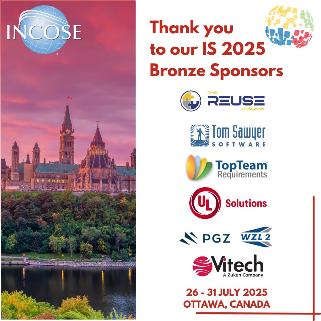 incose_org's tweet image. Huge thanks to our Bronze Sponsors for #INCOSEIS 🙌 Find them all in the Exhibit Hall or on the symposium Virtual Platform. There’s still time to register for in-person and virtual attendance! bit.ly/4jJfzcp