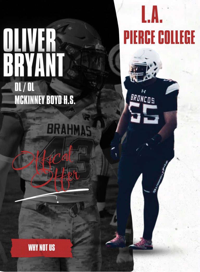Oliver Bryant (@oliver_bryant21) on Twitter photo After a great conversation with <a href="/EaglessimsJames/">james a sims</a> I am blessed to announce I have received my first offer from <a href="/LAPierceFB/">Los Angeles Pierce College Football</a>
#AGTG
<a href="/CoachStuJohnson/">Stu Johnson</a> <a href="/CoachTimBrooks/">Tim Brooks</a> <a href="/MBHSFootball/">MBHS Bronco Football</a> After a great conversation with <a href="/EaglessimsJames/">james a sims</a> I am blessed to announce I have received my first offer from <a href="/LAPierceFB/">Los Angeles Pierce College Football</a>
#AGTG
<a href="/CoachStuJohnson/">Stu Johnson</a> <a href="/CoachTimBrooks/">Tim Brooks</a> <a href="/MBHSFootball/">MBHS Bronco Football</a>