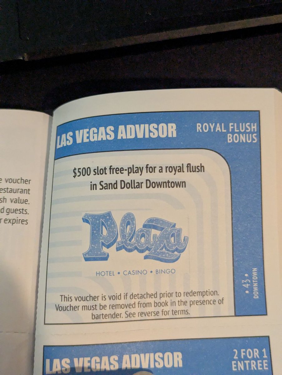 The Bettor Life ♠️ (@thebettorlife) on Twitter photo Interesting coupon from @plazalasvegas in the <a href="/LVA_Tweet/">Las Vegas Advisor</a> 2025 coupon book.
Hit a natural royal at Sand Dollar and get $500 in free play. Interesting coupon from @plazalasvegas in the <a href="/LVA_Tweet/">Las Vegas Advisor</a> 2025 coupon book.
Hit a natural royal at Sand Dollar and get $500 in free play.
