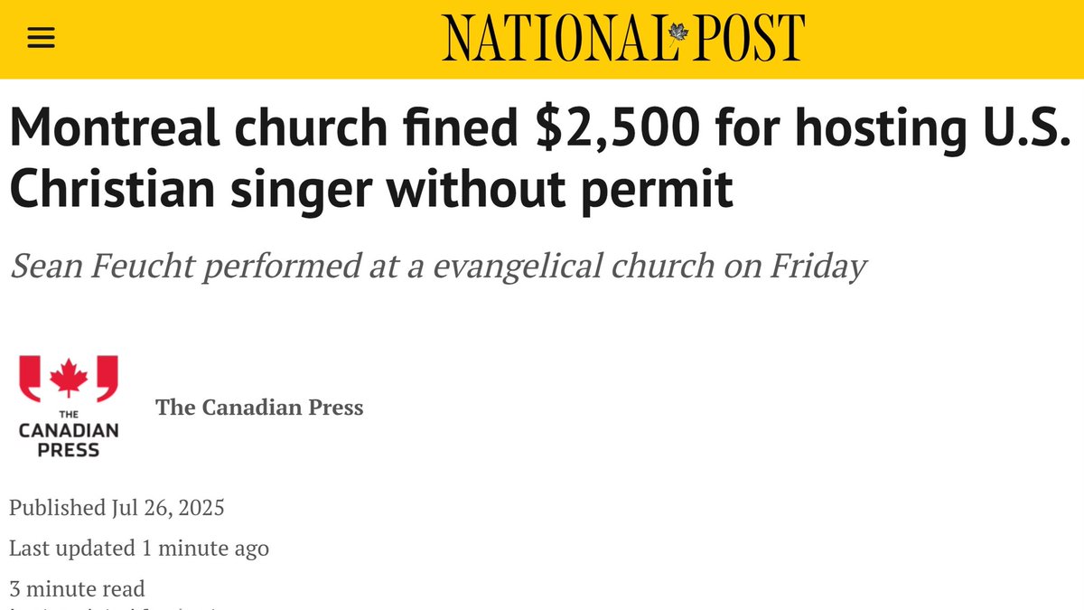 BREAKING: The City of Montreal has fined the church that hosted American Christian rockstar Sean Feucht $2,500 because they didn't have a permit to WORSHIP IN A CHURCH.

This is a major infringement of our Canadian constitution and cannot stand.