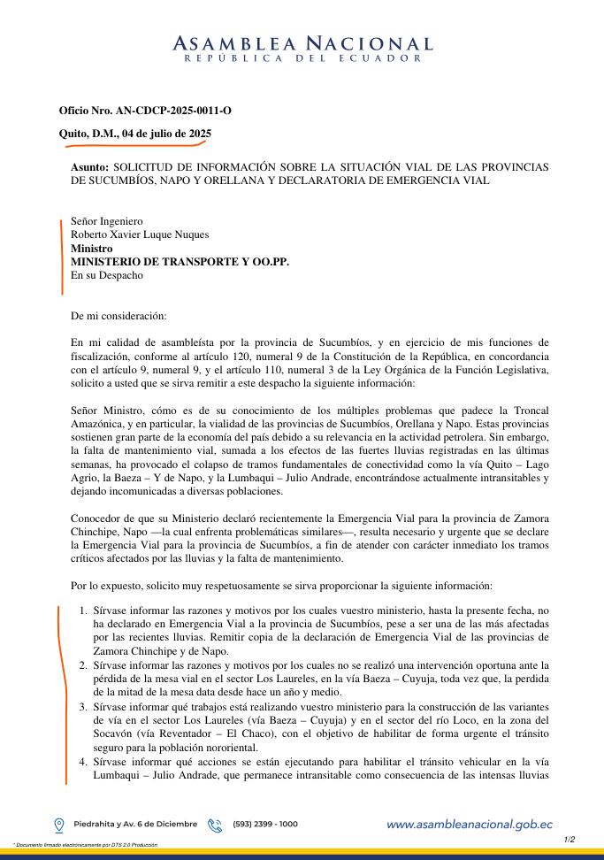 CompsCordova's tweet image. 🔴 URGENTE | Han pasado más de 20 días desde que solicite al @ObrasPublicasEc información sobre la crítica situación vial en Sucumbíos, Napo y Orellana y la declaración de emergencia para #Sucumbíos.
Las vías están colapsadas, la gente incomunicada, la producción paralizada…
¡Y…