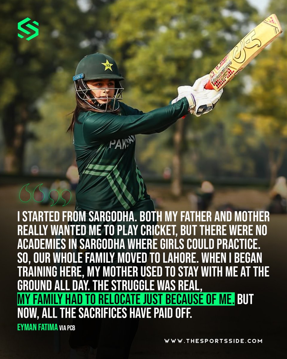 TheSportsSide1's tweet image. &quot;We moved from Sargodha to Lahore just so I could chase this dream. My parents believed in me when no one else did — today, every sacrifice feels worth it.&quot; — Eyman Fatima via PCB