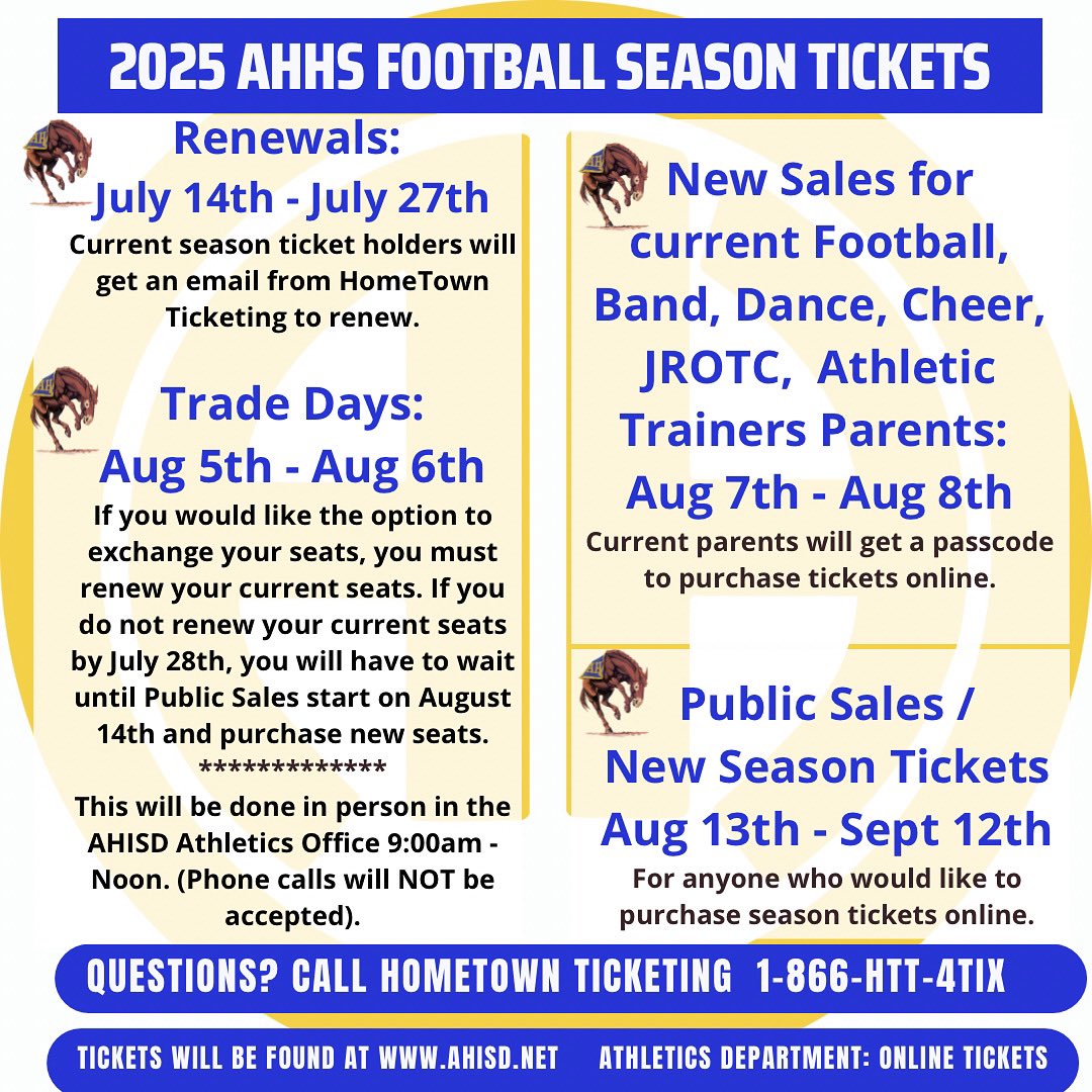 Reminder to renew your reserved football seats! Even if you want to trade your seats, you must purchase your current seats. You have until Sunday July 27 at 11:59pm to do so. MULES UP!