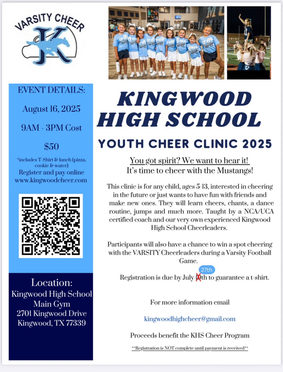 svdevillier's tweet image. 📣 LAST CALL! 📣
Don’t miss out—registration for KHS Cheer Clinic closes at midnight tomorrow!