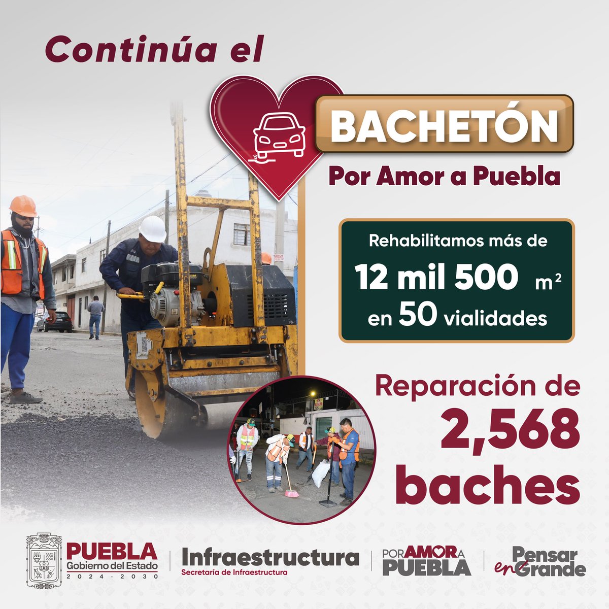 🕳️🕳️ Bachetón #PorAmorAPuebla 

✅✅ Con 50 millones de pesos empezamos el bacheo en vialidades prioritarias de #PueblaCapital 

📱Reporta, aquí: surl.li/xafcch
#PensarEnGrande