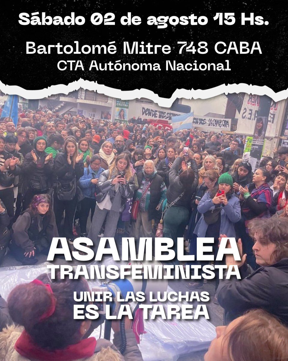 ColectivoNUM's tweet image. 🏳️⚧️ ASAMBLEA TRANSFEMINISTA 🏳️🌈
UNIR LAS LUCHAS ES LA TAREA
🗓️ Sábado 3 de agosto | 🕒15 hs
Bme. Mitre 748, CABA (CTA Autónoma)
Jubiladxs, trabajadorxs, pueblos originarios, inquilinxs, universidades, asambleas.
Las luchas crecen. La respuesta también: nos organizamos.
🧵