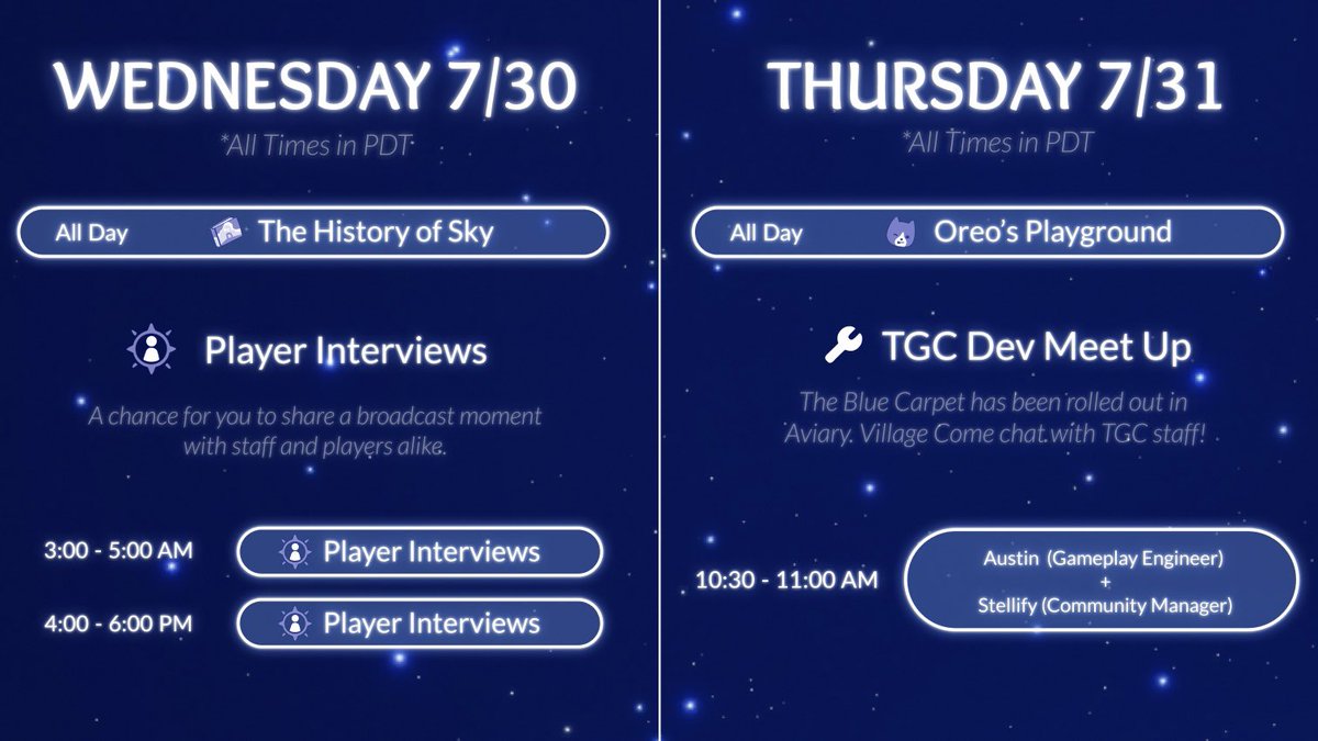 thatskygame's tweet image. Get your calendars ready, Sky kids, we have another jam packed week coming for you. Here’s what to expect July 28 - August 3 ✨

#Sky6thAnniversary