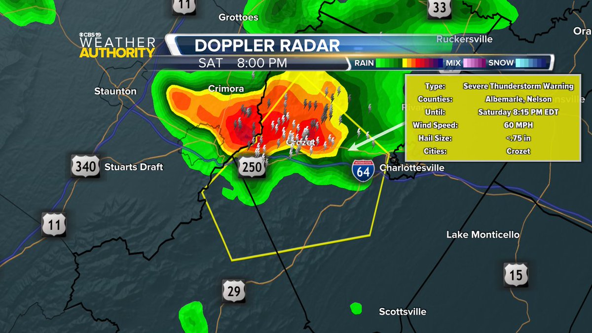 CBS19News's tweet image. A Severe Thunderstorm Warning is now in effect until Jul 26 8:15PM for the following counties: Albemarle, Nelson. Damaging winds and hail are possible with these storms.