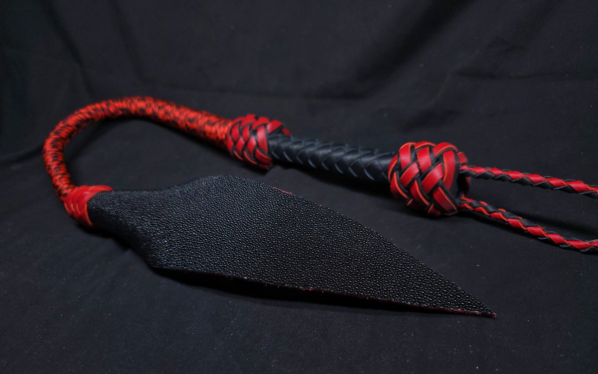 Scorpion whip with a stingray hide tail. These are very intense toys for experienced players only.
Stingray hide is covered in calcified nodules. Its like flexible bone with sharp edges. Up in the shop!
