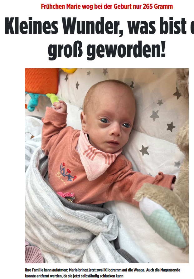 Zwischen all dem Negativem mal eine gute Nachricht: Ein Frühchen, das mit 265g per Kaiserschnitt zu Welt kam, hat überlebt! Die kleine Marie wiegt inzwischen 2kg und konnte jetzt das Krankenhaus verlassen.🥰
bild.de/regional/bayer…