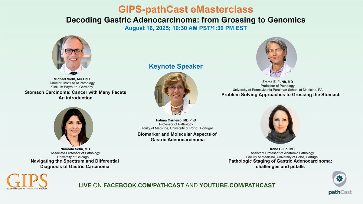 pathologyCast's tweet image. Join us for a special @pathologyCast - @USGIPS #eMasterclass on Gastric Carcinoma โ featuring eminent speakers from around the globe
๐๏ธ August 16
๐ Live on Facebook & YouTube
๐ฌ Donโt miss this global pathology learning experience!
#pathCast #GIPS #gastriccancer #pathology