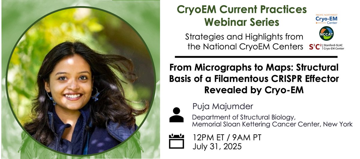edward_eng's tweet image. The next #CryoEM Current Practices Webinar speaker will be Puja Majumder from Dinshaw Patelss lab @MSKCancerCenter speaking on "From Micrographs to Maps: Structural Basis of a Filamentous CRISPR Effector Revealed by Cryo-EM" 7/31/2025 at 12 PM ET / 9AM PT
us02web.zoom.us/webinar/regist…