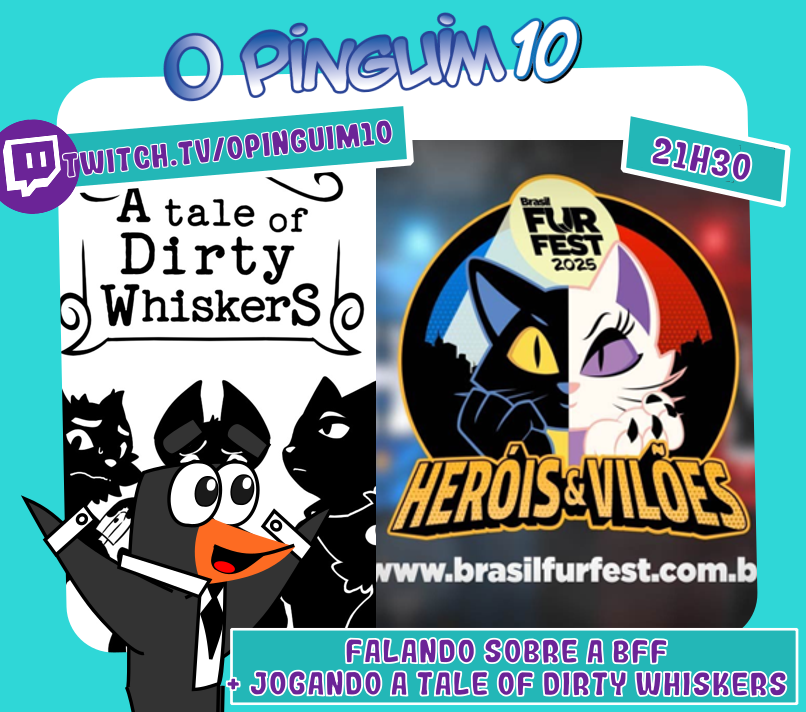 Olá Pinguinos, tudo bem?
Hoje é dia de relembrar como foi a BFF 2025! Um pouco...já que dessa vez eu nem vou poder falar tudo hehe.

E dps jogaremos um jogo furry de mistério que lançou a demo na STEAM durante a BFF deste ano.

Live 100% furry, te vejo na twitch.tv/opinguim10