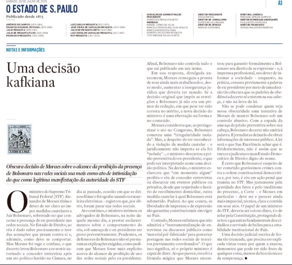 MarceloRoMonte's tweet image. “Obscura decisão de Moraes” contra Bolsonaro “soa mais como ato de intimidação”.
Estadão constatando o uso kafkiano do processo criminal como instrumento de intimidação de adversários políticos no Brasil do consórcio PT-STF.
Comparado com a princesa Aurora (aquela que espetou o…