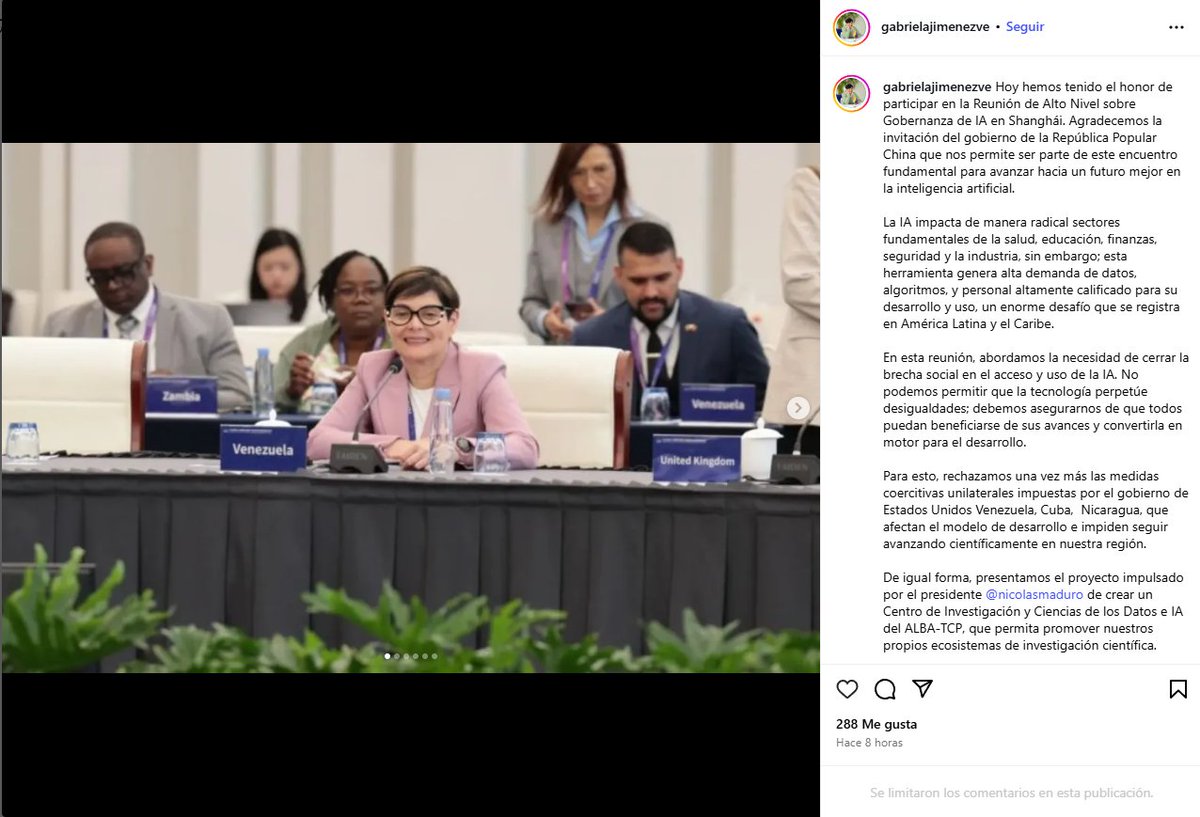 Aplaudimos la participación de Venezuela en La Conferencia Mundial sobre IA y Reunión de Alto Nivel sobre la Gobernanza Global de la IA 2025. China concede gran importancia a la gobernanza global de la IA y ha promovido activamente la cooperación multilateral y bilateral, con la