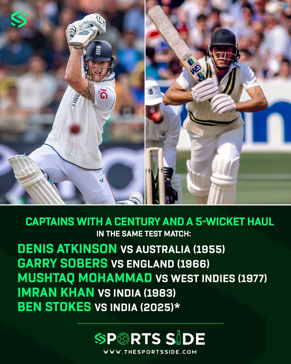 TheSportsSide1's tweet image. Ben Stokes joins an elite list of Test captains to score a century and take a five-wicket haul in the same match, a feat last achieved by Pakistan’s legendary skipper Imran Khan against India in 1983.