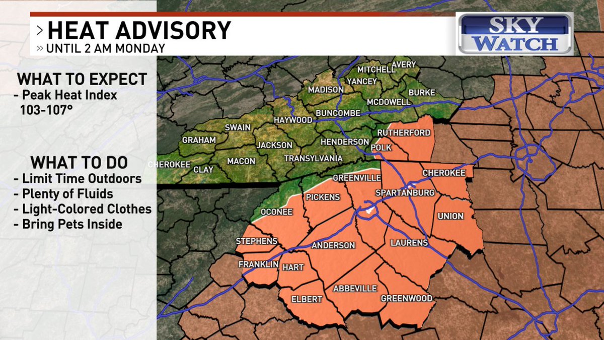 JasonBoyerWLOS's tweet image. The National Weather Service has issued a *HEAT ADVISORY* for Greenville, Spartanburg, Cleveland, Pickens, Rutherford, Oconee, Cherokee, Stephens, Franklin, Polk, UNTIL: Jul 28 2:00AM. More information here --> wlos.com/?More information: wlos.com #News13
