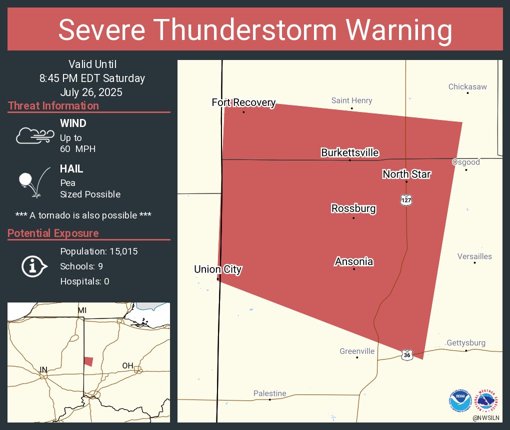 NWSILN's tweet image. Severe Thunderstorm Warning including Union City IN, Union City OH and Fort Recovery OH until 8:45 PM EDT