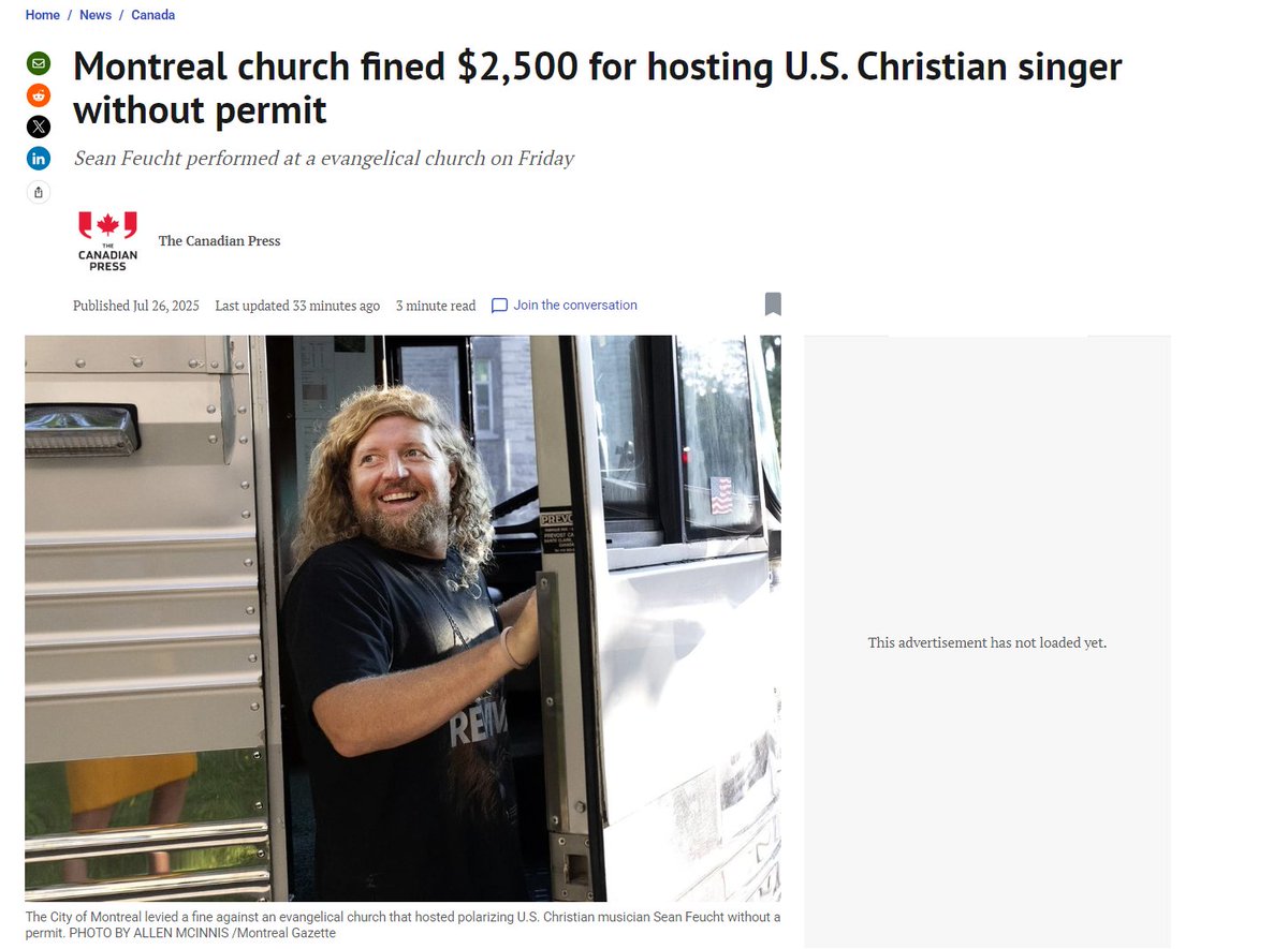 Tablesalt13's tweet image. 馃毃馃毃MAJOR BREAKING
MONTREAL POLICE FINE CHURCH $2,500 FOR HOSTING US CHRISTIAN SINGER SEAN FEUCHT FOR PRAYERS
.....this is going to make it to Rogan, Trump, Tucker, Vance, Patel etc etc.
Such a STUPID move.