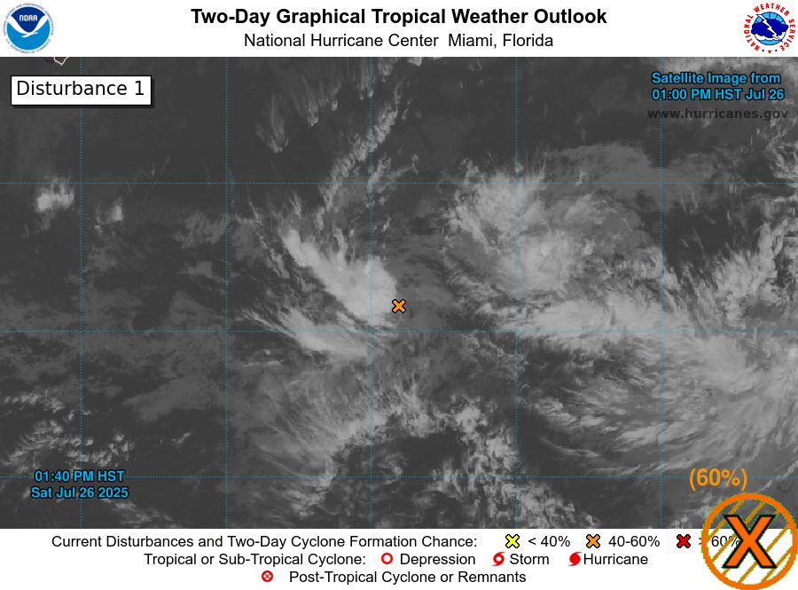 TrevorTropicsWX's tweet photo. CPAC #HurricaneSeason2025 1 pm HST
#Invest90C SE of #Hawaii has 70% chance to become a TC in 7 days and 60% in 2 days; interests there are advised to monitor its progress
Next invest no:#Invest91C 
next name:#Gil 
#wxtwitter #wxX #Tropicswx #Tropicalwx #Hurricaneseason #CP90 #90C https://t.co/6VglcFM6rz