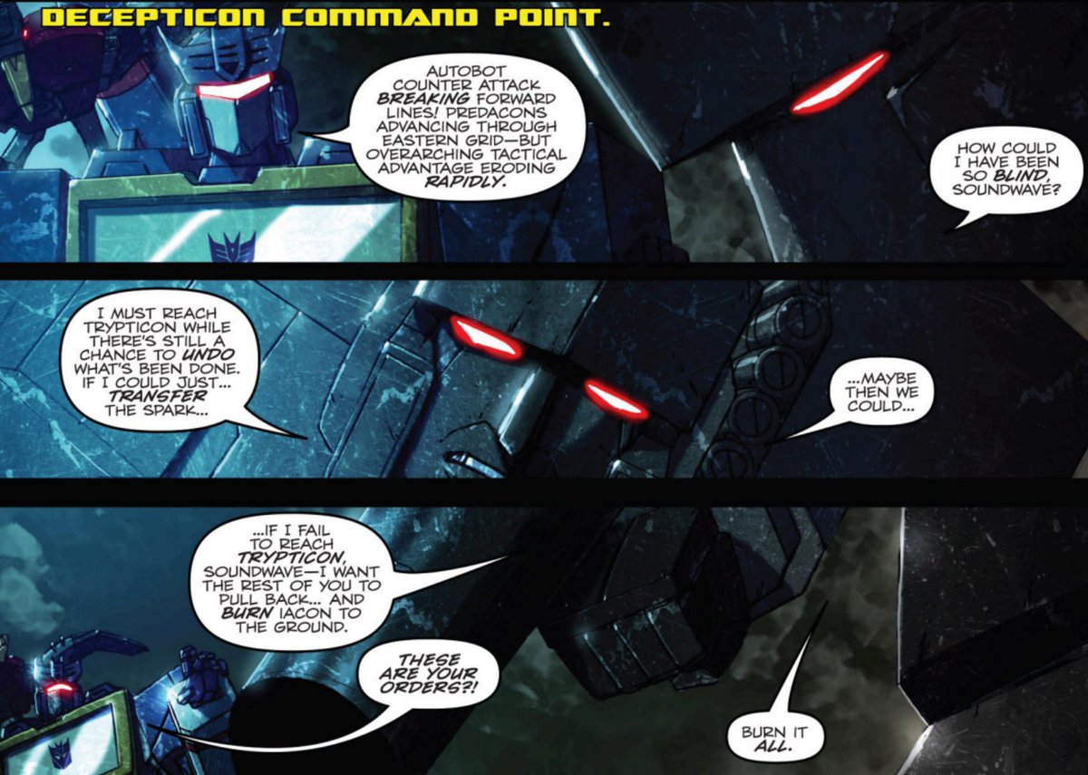 kaveird's tweet image. Oh IDW Megatron
Look how he in despair realising Cybertron will doomed no matter how he tried,blame himself for his mistake
Look how he open up to Optimus, said the only way to save Cybertron is to kill him and
stand still as if embracing death.
He care of Cybertron💔
#Maccadam