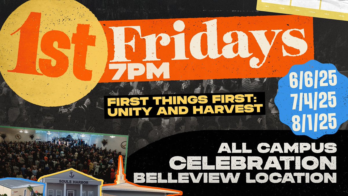 This Friday night at 7 PM is our final “First Friday” service of the summer! Join us in Belleview as all Souls Harbor campuses gather together for an incredible service!🙌🏼🔥🥳