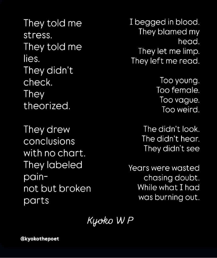 kyokoTHEpoet's tweet image. #medicalgaslighting #womenshealth
#womenshealthmatters #misdiagnosis
#Medical #Women #poetry. #poetsoftwitter #poetrylovers #poetrytwitter
