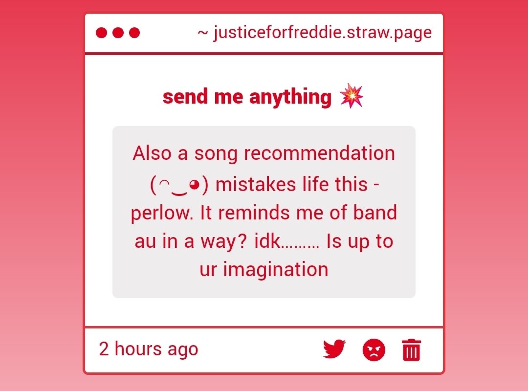 eepytill's tweet image. THANK YOU!! i added to my band au playlist 👉👈
i love getting music recs on sp i love u all
justiceforfreddie.straw.page