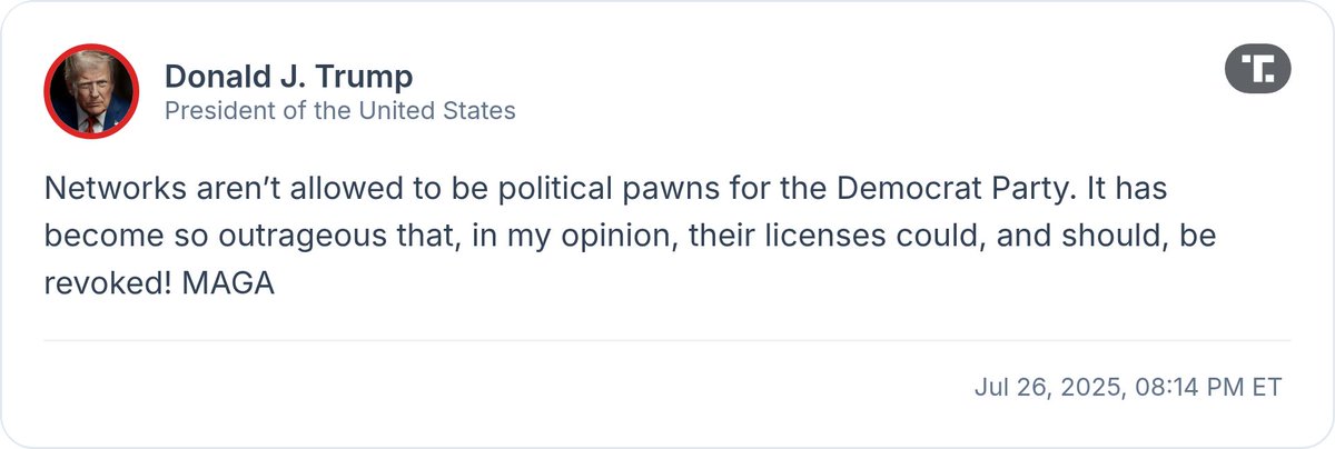 CivicTracker's tweet image. Trump argues that networks act as "political pawns for the Democrat Party" and suggests their licenses "could, and should, be revoked."