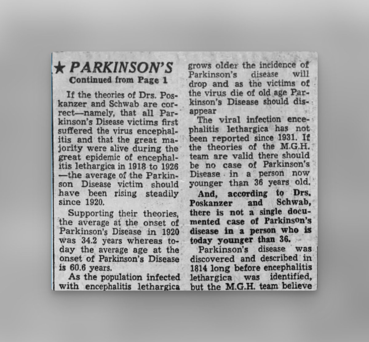 NickAnderegg's tweet image. I've spent the day digging through digitized newspaper archives (working on a hunch, but that's not important right now), but some of the items I've incidentally found are so surprising.
Check out this (obviously wrong) hypothesis about viral links to Parkinson's from 1967: