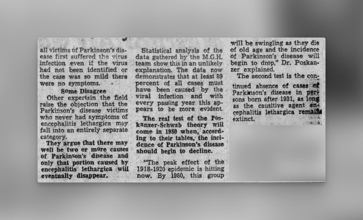 NickAnderegg's tweet image. I've spent the day digging through digitized newspaper archives (working on a hunch, but that's not important right now), but some of the items I've incidentally found are so surprising.
Check out this (obviously wrong) hypothesis about viral links to Parkinson's from 1967: