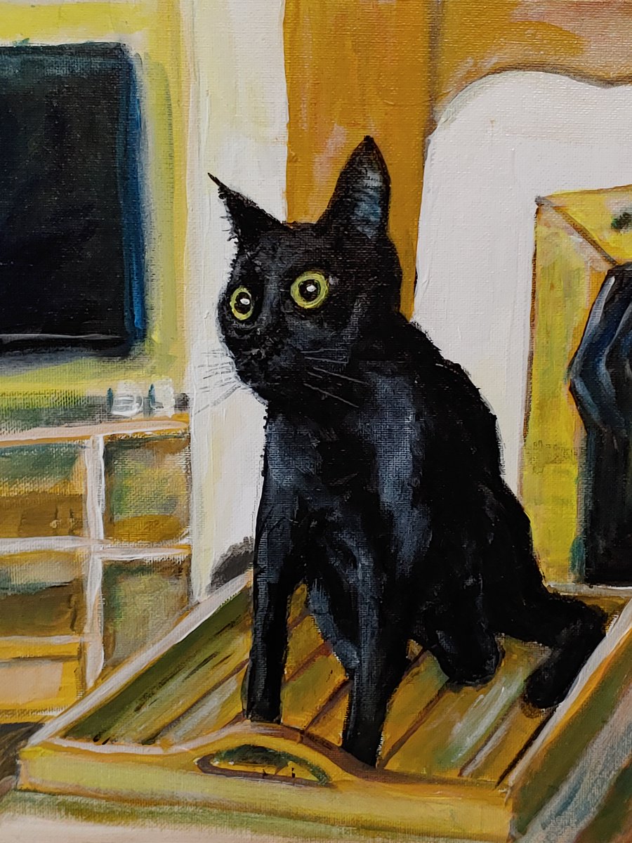 MrAwolf's tweet image. #caturday 
#blackcat
My sisters cat Dusty I painted for her.
you may think this cat is sat weird, but I swear no part of its body goes in the same direction this is what it looks like and what is aw every morning waking up on her sofa.