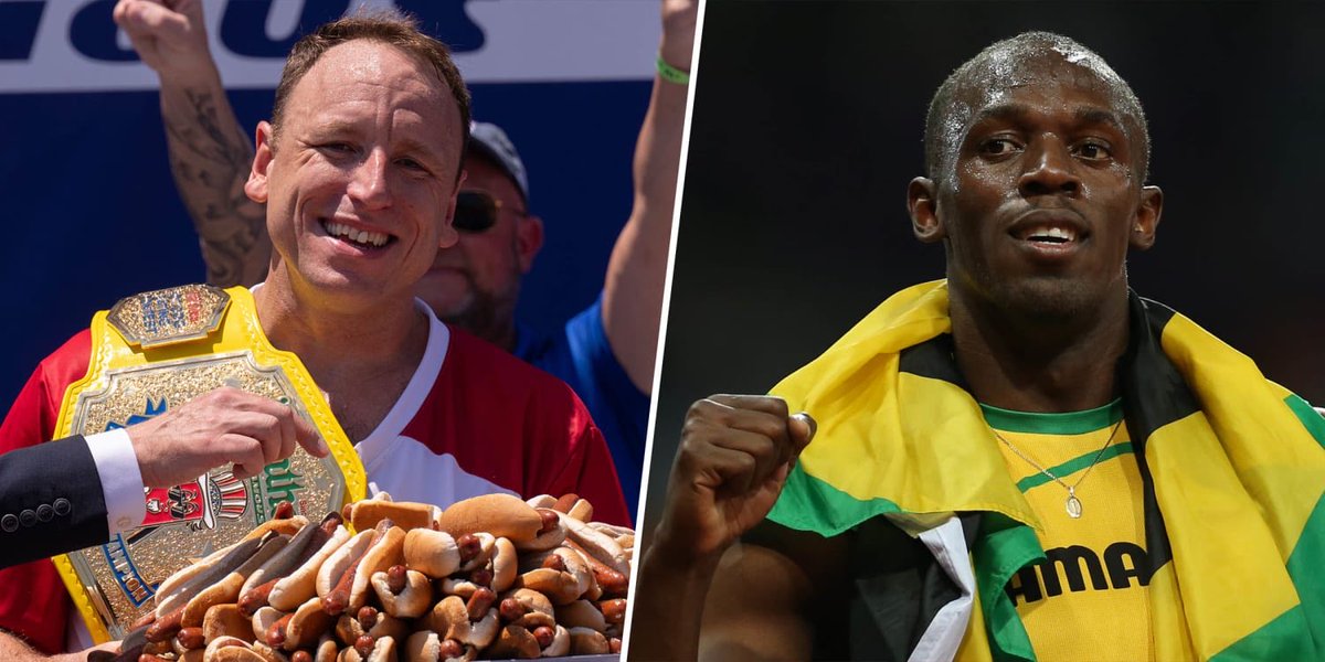 AlZeidenfeld's tweet image. It may go down as the best question of all time:
Who would win 100m race? Usain Bolt or Joey Chestnut.
BUT
They can’t start running until they eat an entire hotdog.