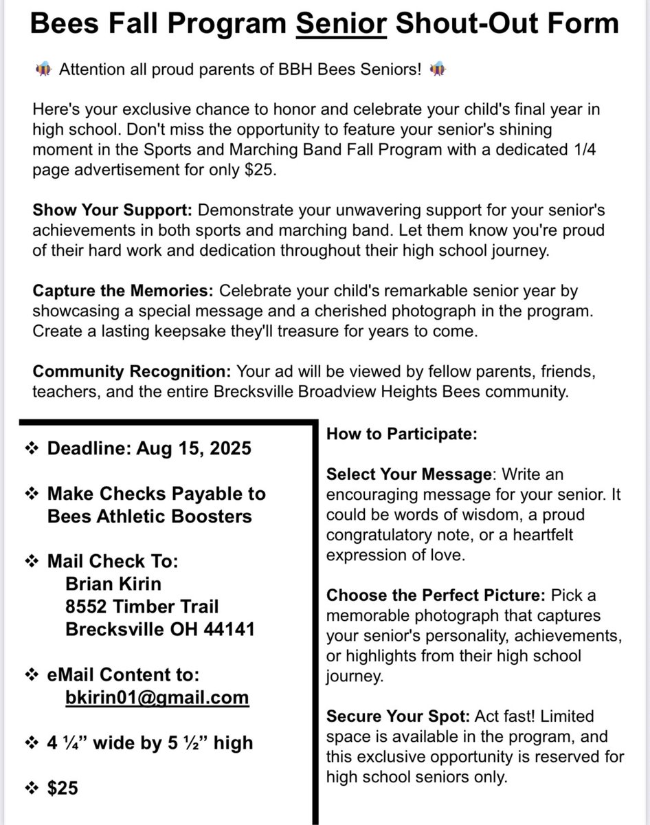 🚨🚨🚨Attention parents of class of 2026! Please see below to feature your SENIOR in the fall program.