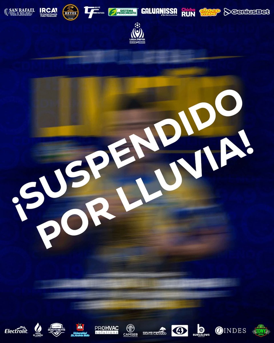 Se suspende el partido entre Municipal Limeño e <a href="/ADIMetapanSV/">A.D. Isidro Metapán</a> por la fuerte lluvia que cae en Santa Rosa de Lima, #LaUnión.  La decisión fue de la cuarteta arbitral.