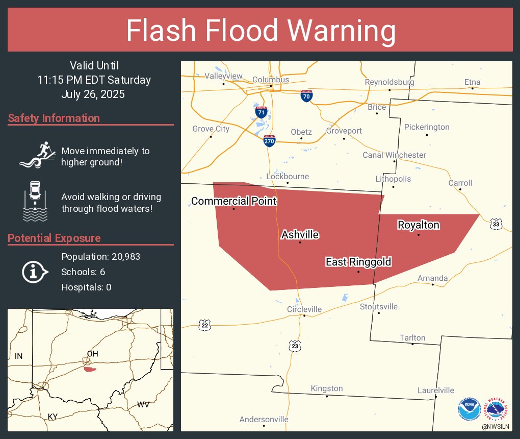 NWSILN's tweet image. Flash Flood Warning including Ashville OH, South Bloomfield OH and Commercial Point OH until 11:15 PM EDT