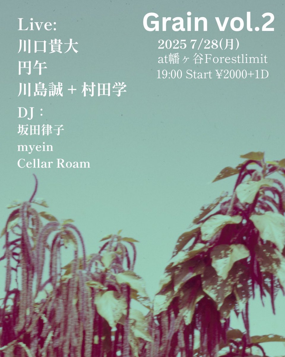 muratamuramura's tweet image. 明日は幡ヶ谷forestlimitでジェイク君のイベント「Grain vol.2」に出演します。川島誠さんとDUOやります。
「Grain vol.2」
2025年7月28日(月)
at 幡ヶ谷Forestlimit
19:00 Start ¥2000+1D
Live:
川口貴大
Yengo
川島誠 + Manabu Murata
DJ:
坂田律子
myein
Cellar Roam