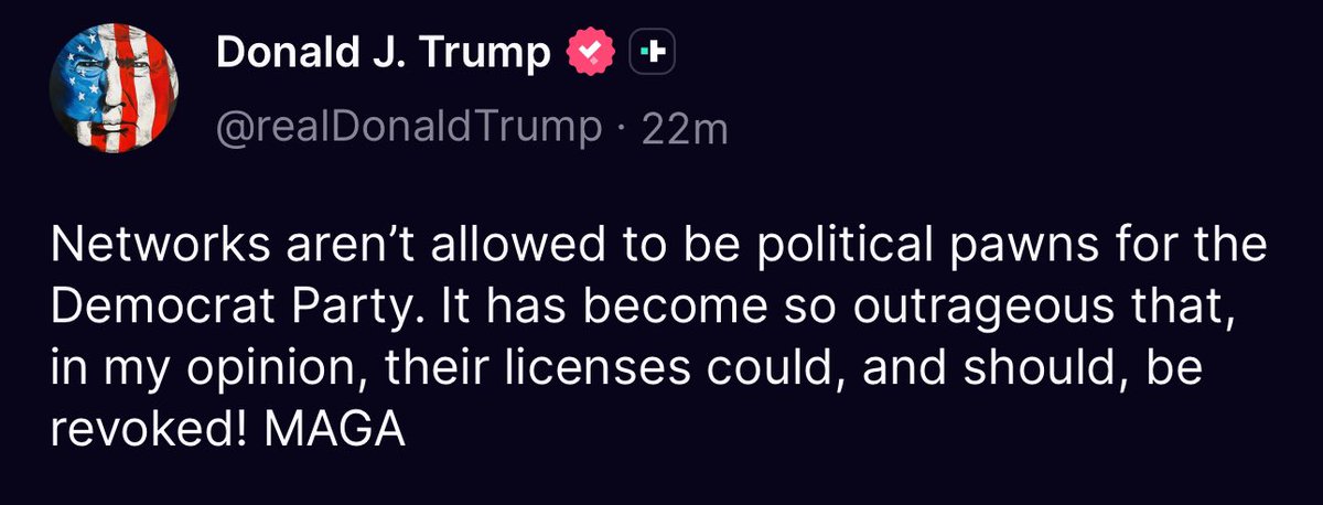 dddonnnaaa's tweet image. Apparently trump is completely against free speech, if anyone says anything against him. 😵💫 What about fox? Aren’t they completely pro republican? 🤨 He wants to pull networks licenses?? Please someone stop this mad man.